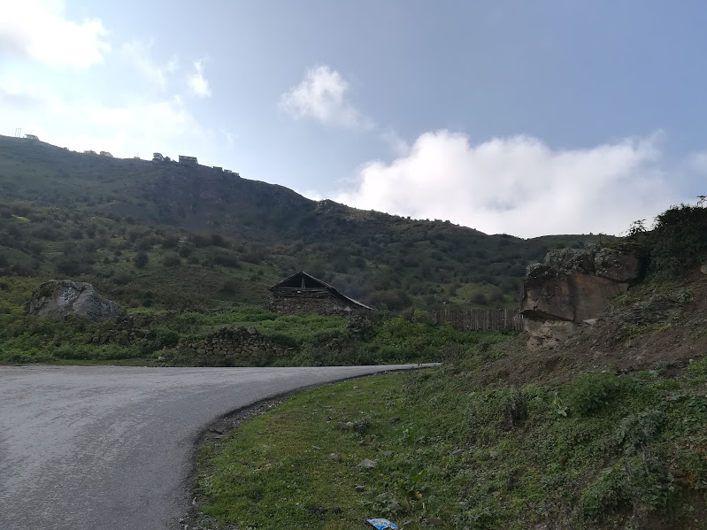 Winding road through green hills